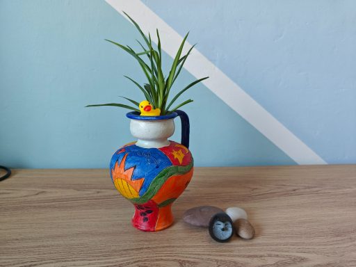 Spanish sgraffito jug - brightly coloured, vintage retro kitsch terracotta vase, pitcher