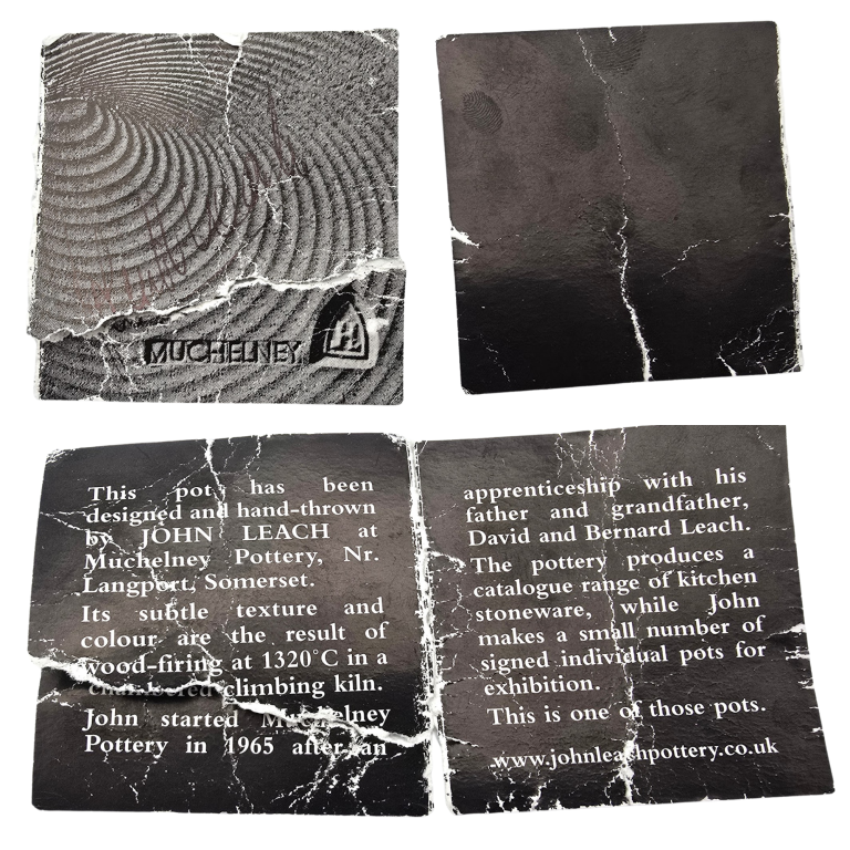 An exhibition tag from Muchelney Pottery in Somerset for a piece by John Leach