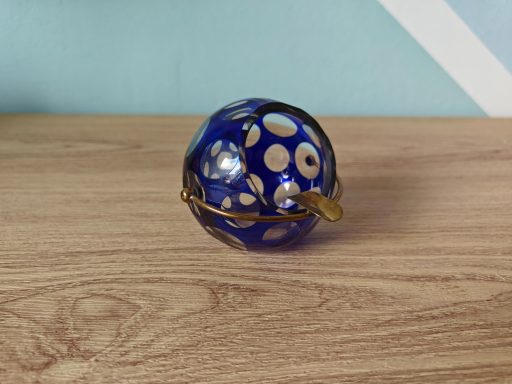 Mid-Century Modern Cobalt Blue Cut Glass Ashtray with Brass Detail