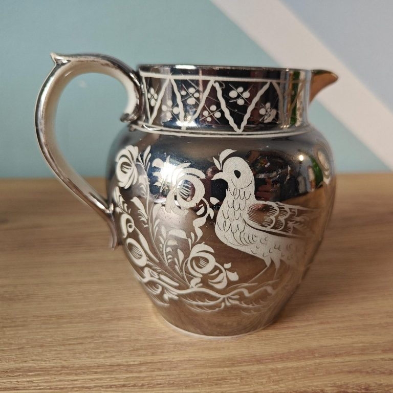 Georgian silver gilt lustre ceramic jug with partridge bird patter in white and floral motif decoration