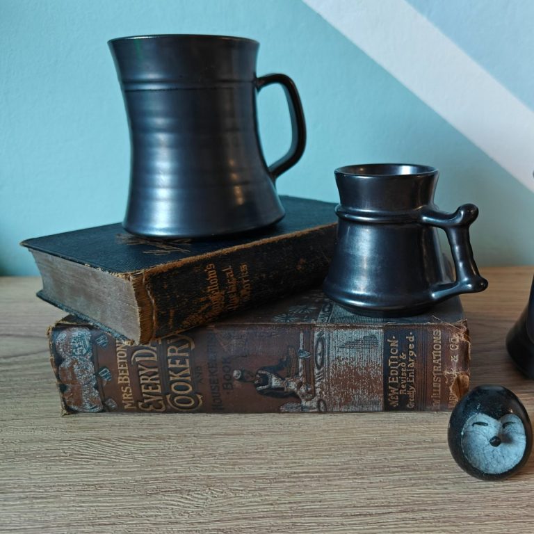 Prinknash 1970s abbey monastery pottery tankards in gunmetal glaze