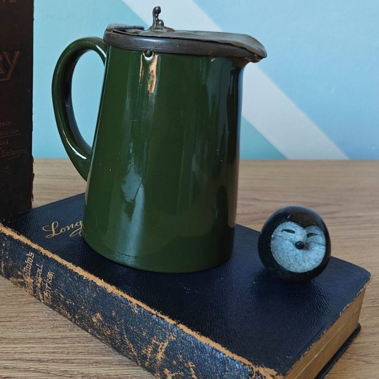 Dark green jug or coffee pot with pewter flip top lid