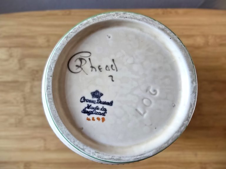 Charlotte Rhead for Crown Ducal jug base showing CRhead signature, Crown Ducal stamp, number